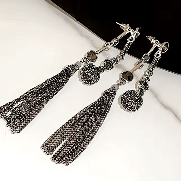 Antique Silver Rhinestone Earring Round Ball Long Fringe Tassel Earrings Boho - Picture 8 of 12